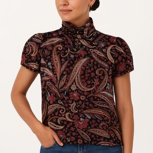 ZARA COLLECTION Paisley Print High Neck Blouse, Short Sleeve, Size L – Pre-owned